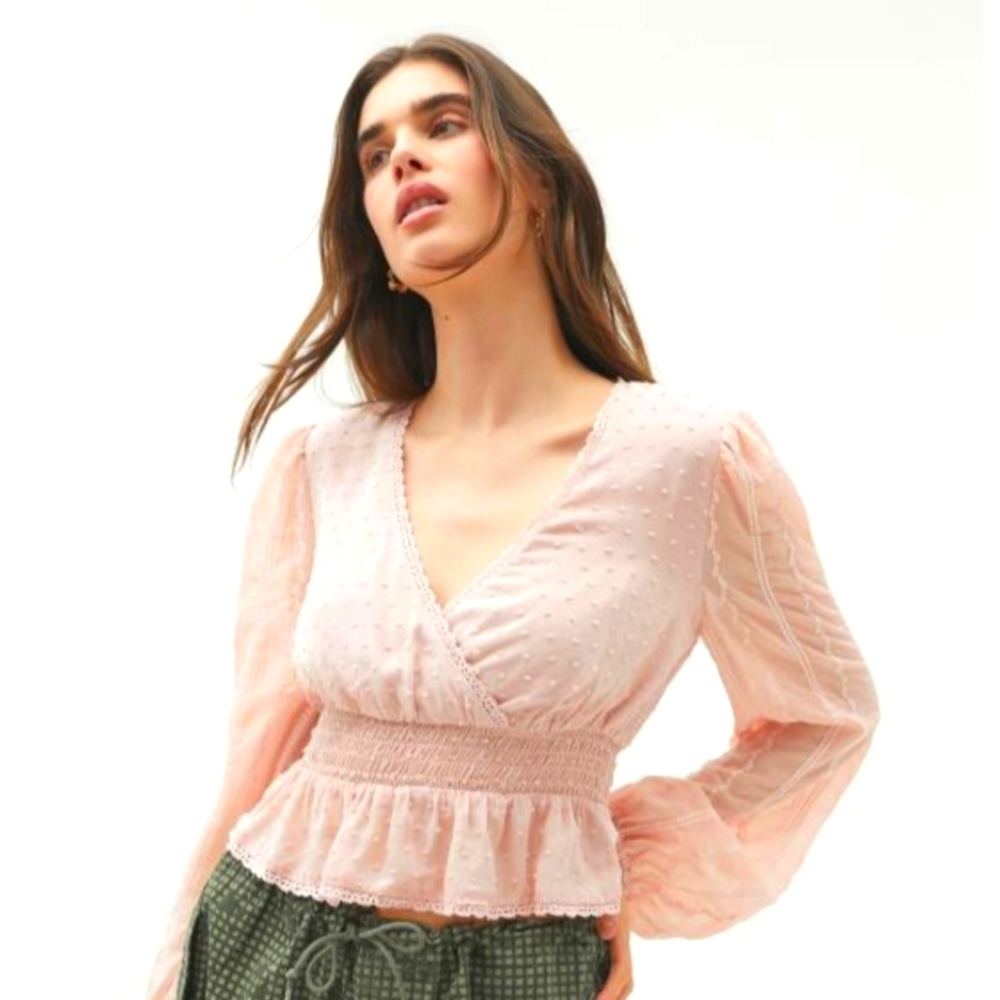 NWT Urban Outfitters Eleanor Embroidered Peplum Top in Rose Blush Size Medium